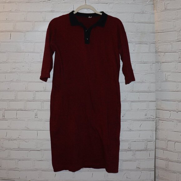 Vintage Burgundy Knit Polo Midi Dress – 3/4 Sleeve, Button Neckline Size Medium - Picture 4 of 6